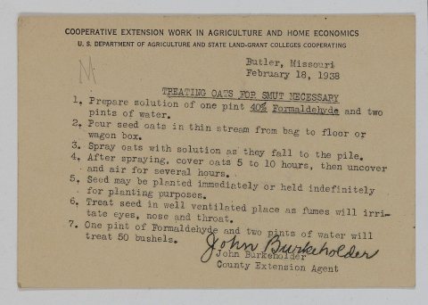 Standard atlas of Bates County, Missouri. Postcard from US. Department of Agriculture on how to treat oats for smut nec…