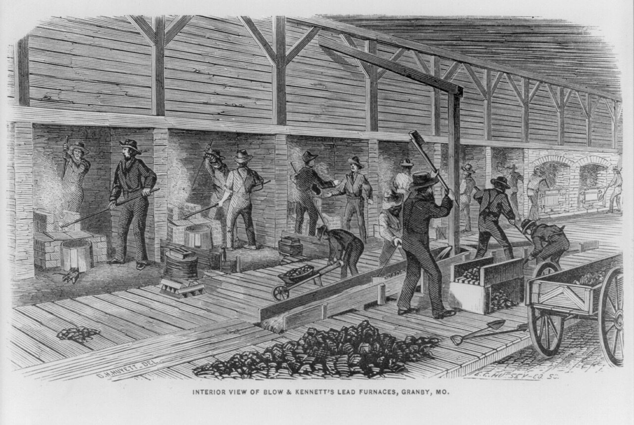 "Interior view of Blow & Kennett's Lead Furnaces, Granby, Mo."