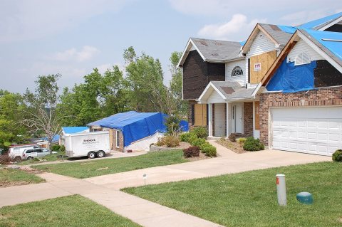 Tornado - Berkeley, Mo. , May 11, 2011 -- Blue roofs and clean driveways show the recovery is progressing for some in S…