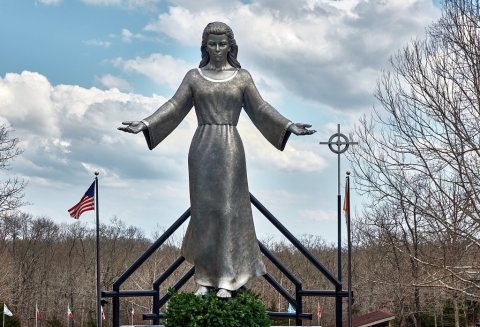 A slowly revolving statue of the Virgin Mary at the National Shrine of Mary, Mother of the Church