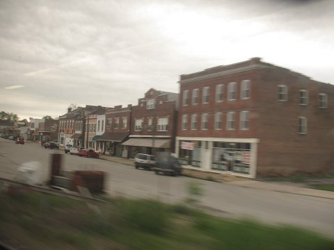 Downtown Pacific Missouri seen from moving train, 2008