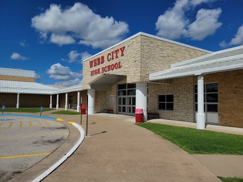 Webb City High School main entrance, August 2023