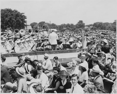 A band plays during the ceremonies in Bolivar, Missouri at which President Harry S. Truman dedicated a statue to Simon …