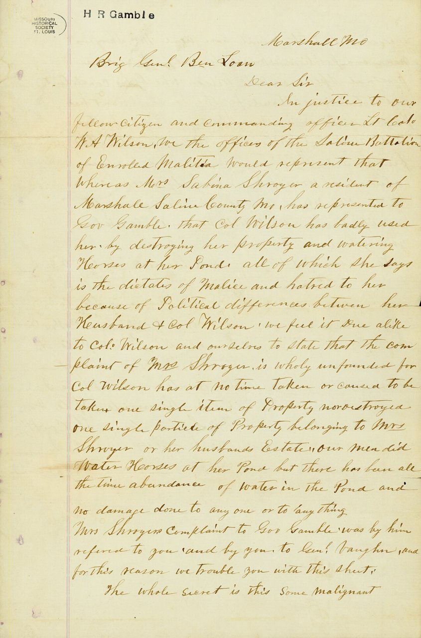 Petition of officers of E.M.M. (Enrolled Missouri Militia) Saline Battalion, Marshall, Mo., to Brig. Genl. Ben Loan, No…