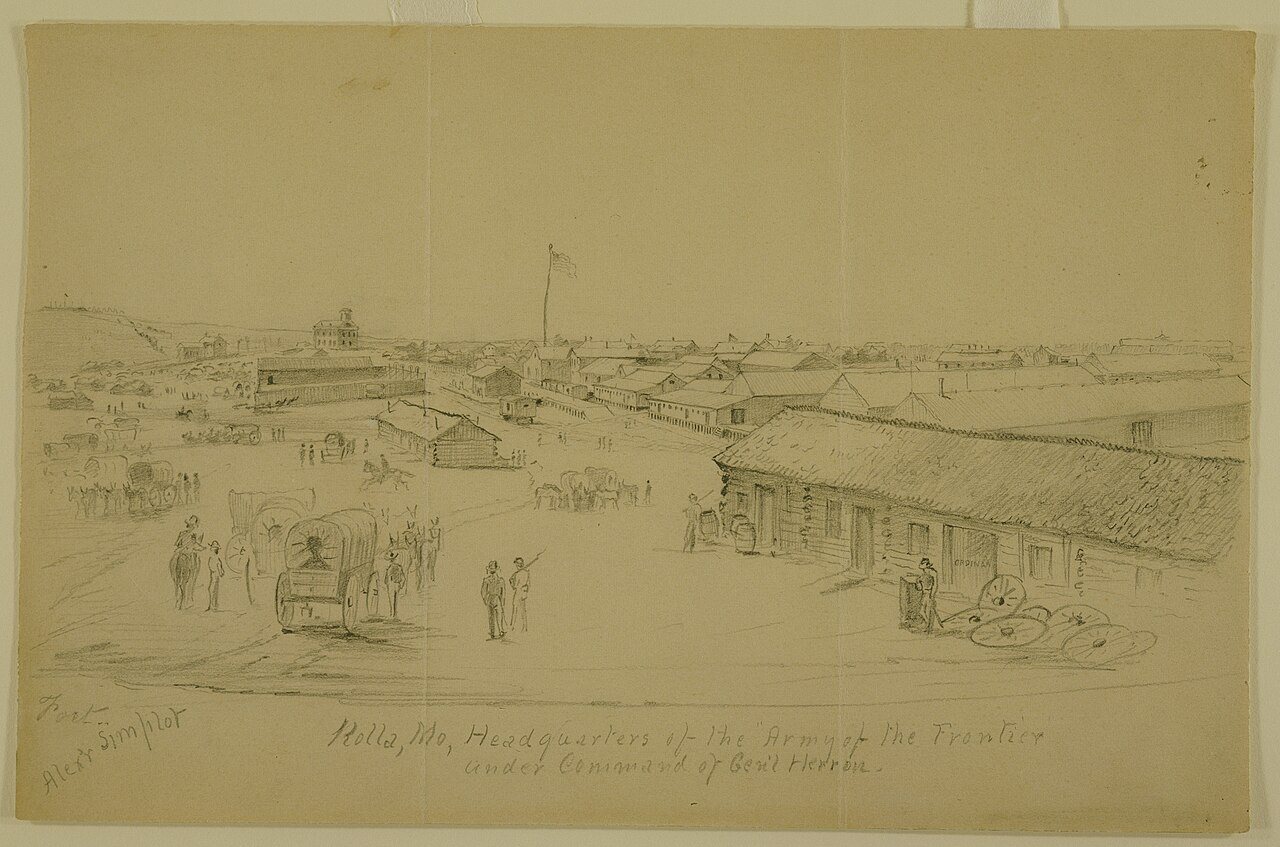 Pencil Drawing, "Rolla, Mo., Headquarters of the Army of the Frontier under Command of Gen'l Herron" by Alexander Simpl…