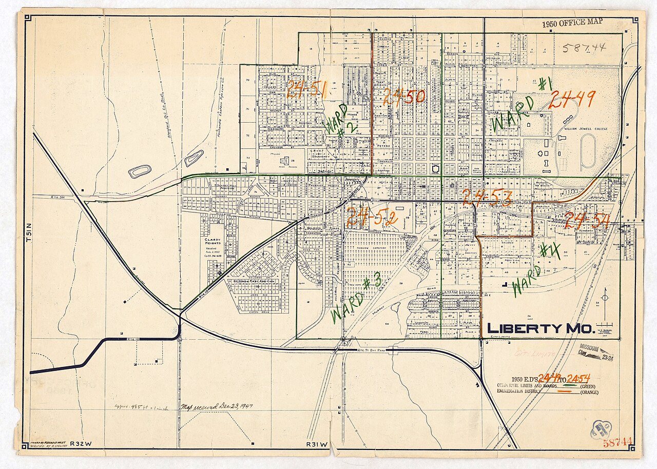 1950 Census Enumeration District Maps - Missouri (MO) - Clay County - Liberty - ED 24-49 to 54