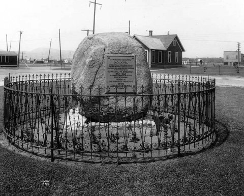 Stone and plaque at Three Forks, Montana, commemorating Sacagawea