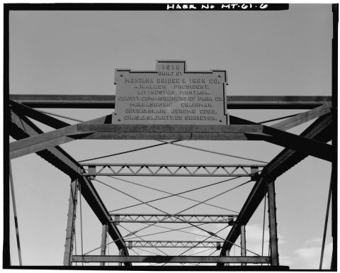 DETAIL OF BRIDGE PLAQUE, FACING EAST - Pine Creek Bridge, Spanning Yellowstone River 10 miles South of Livingston, Livi…