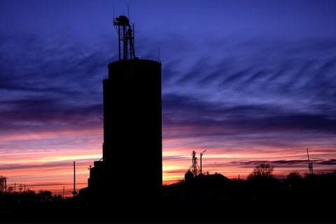 Dusk view of a rural grain elevator near Mullen in the Nebraska sandhills