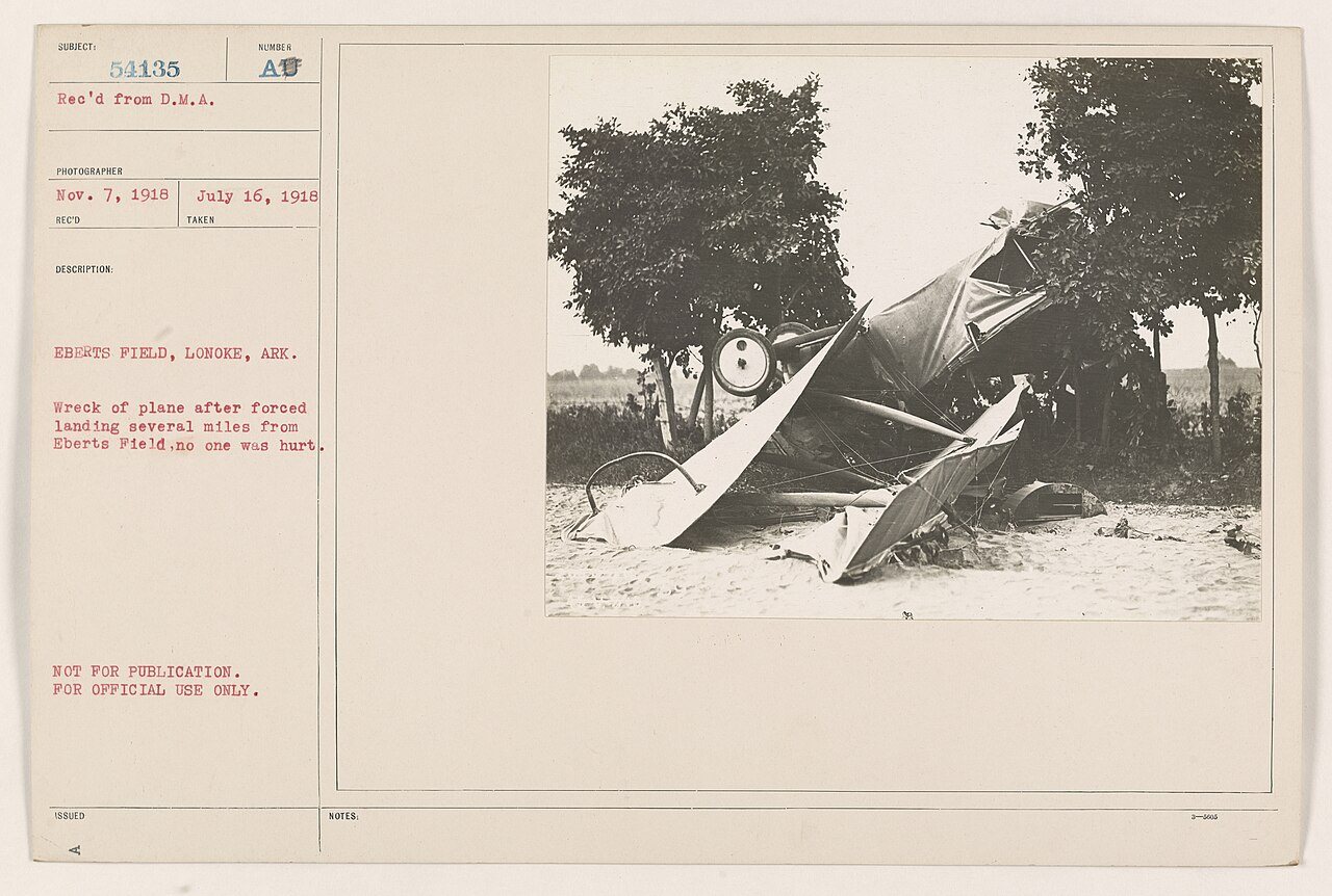 Eberts Field, Lonoke, Ark. Wreck of plane after forced landing several miles from Eberts Field. No one was hurt