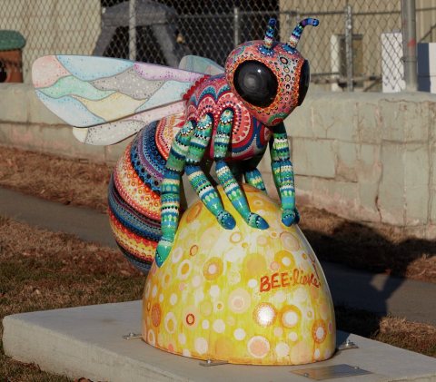 This is one of 26 painted "Honeybees in the Heartland" public sculptures in Nemaha County, Nebraska, this one