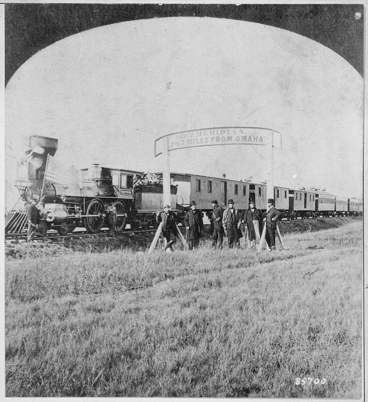 Directors of the Union Pacific Railroad on the 100th meridian approximately 250 miles west of Omaha, Nebr. Terr. The tr…