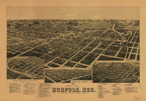1889 perspective map of Norfolk, Neb