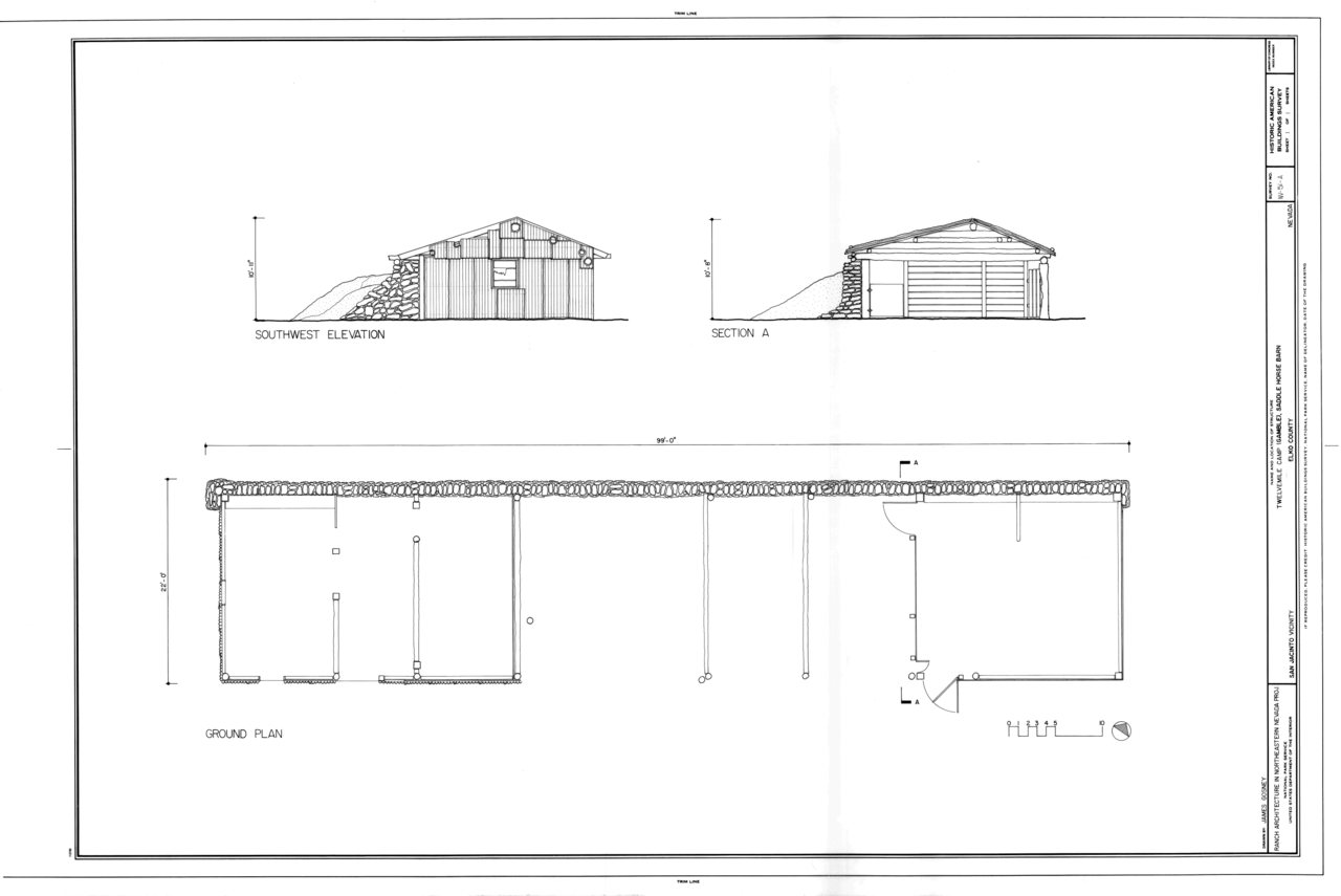 Elevation, Section and Ground Plan - Twelve Mile Camp (Gamble), Saddle Horse Barn