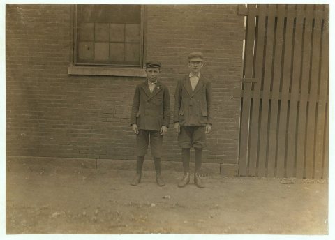 Boys working in Great Falls Mfg. Co., Somersworth, N.H. Right hand boy John Velvile. Been in mill one year. Left hand b…