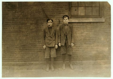 Left hand boy Zeke Gosselin, 95 Main St. Been in mill one year. Other boy Philip Lesard, 68 Elm Street. Been in mill th…