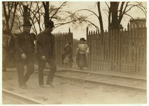 Going to dinner from Great Falls Mfg. Co., Somersworth, N.H. May 18, 1909. A number of young boys and girls work regula…