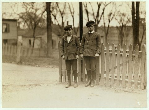 Great Falls Mfg. Co. Boy on left hand is William Dosmaris, 2 Hornes Court. Been working 6 months. Boy on right hand Alb…