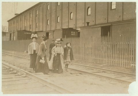 Group coming out of Great Falls Mfg. Co., Somersworth, N.H., 6 p.m. May 18, 1909. See photos and labels -(not filled in…