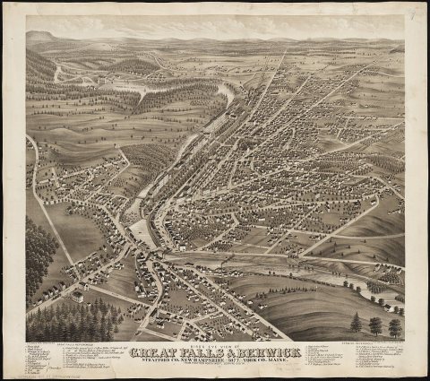 Birds eye view of Great Falls, Strafford Co., New Hampshire & Berwick, York Co., Maine, 1877