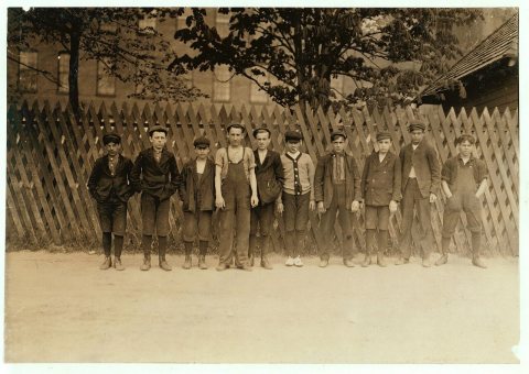 Group of boys who work in Suncock (N. H.) Mills. It is a large corporation, employing 1200 hands, but in all the three …