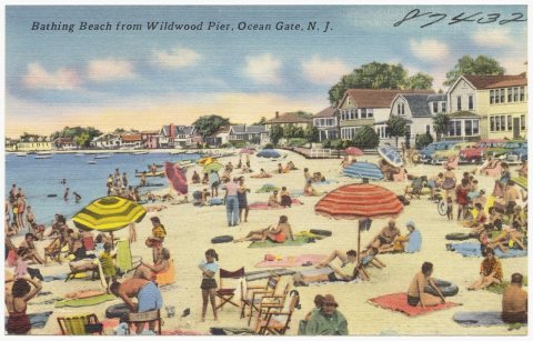 Bathing beach from Wildwood Pier, Ocean Gate, N. J