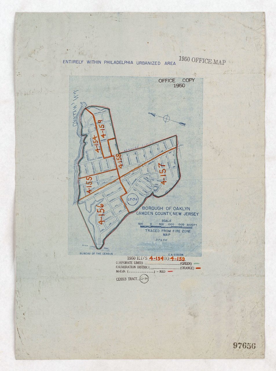 1950 Census Enumeration District Maps - New Jersey (NJ) - Camden County - Oaklyn - ED 4-154 to 159