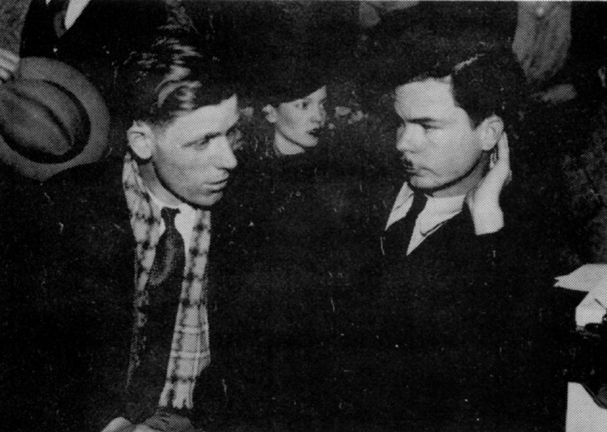 H. L. Mitchell and Ward H. Rodgers at Rodgers' "anarchy" trial, in Marked Tree, Arkansas, 1935