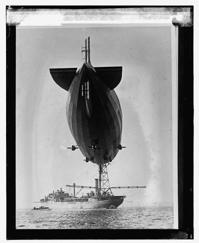 Dirigible moored to mast on U.S.S. Patoka