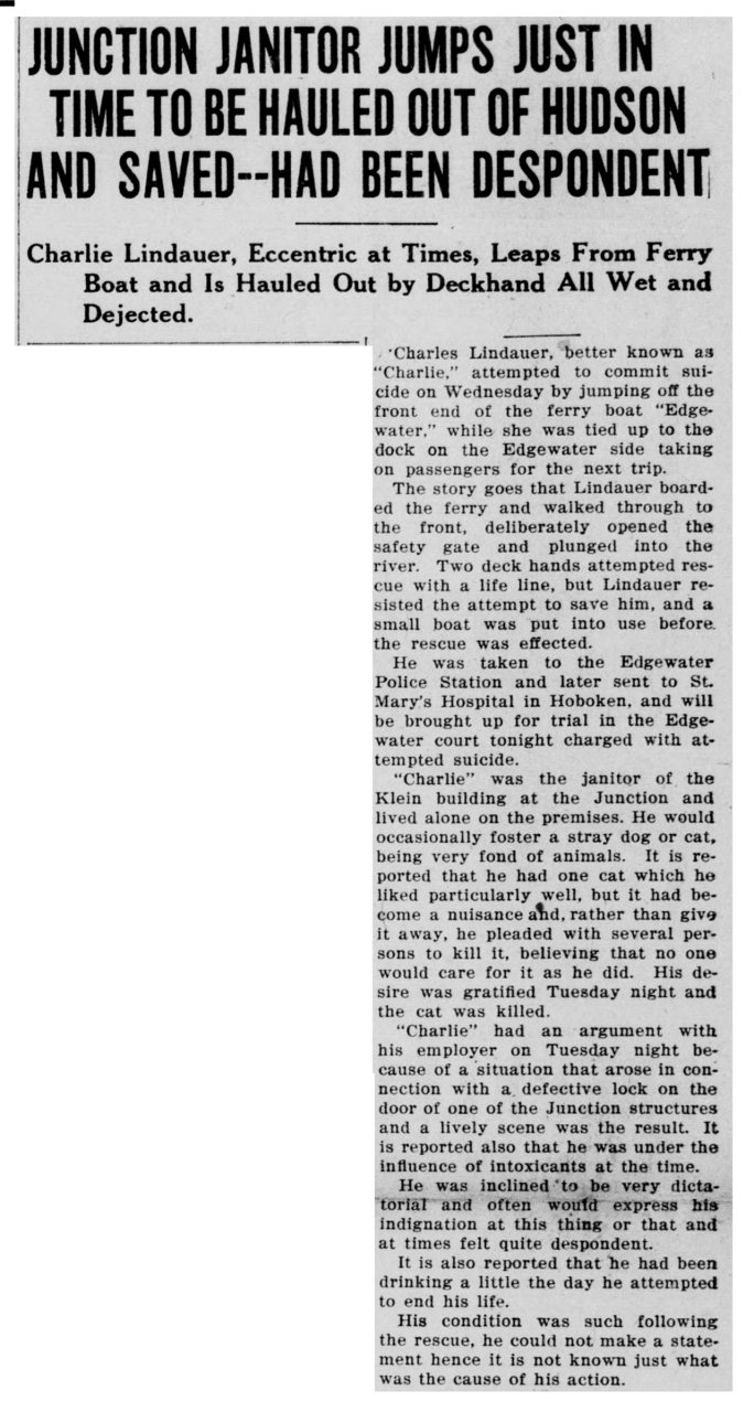 Charles Lindauer in the Palisadian of Cliffside Park, New Jersey on 6 April 1923