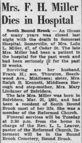Lulu Lottie Lindauer (1891-1938) Miller obituary in The Courier-News of Bridgewater, New Jersey on December 10, 1938