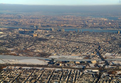 Aerial view of Overpeck Creek and surrounding area