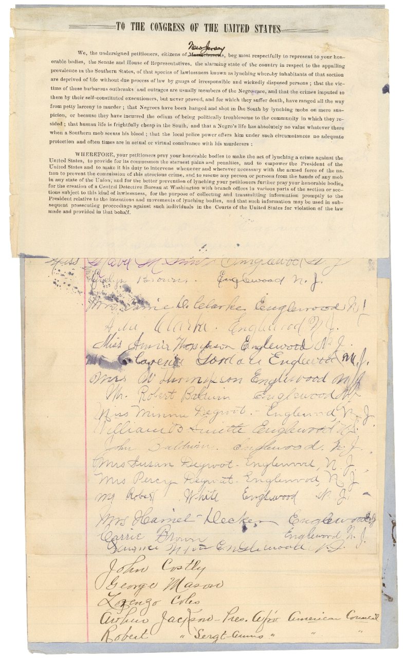Petition from the citizens of New Jersey praying for Congress to make the act of lynching a crime against the United St…