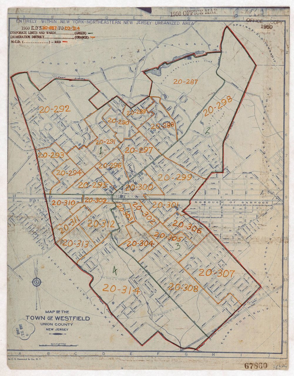 1950 Census Enumeration District Maps - New Jersey (NJ) - Union County - Westfield - ED 20-287 to 314