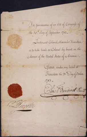 Alexander Hamilton's commission to take rank as Colonel