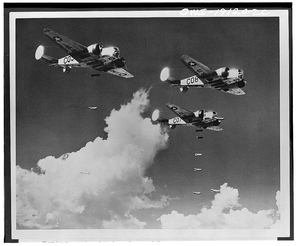 Carlsbad, New Mexico. AT-11 training bombers at the United States Army Air forces advanced flying school dropping pract…