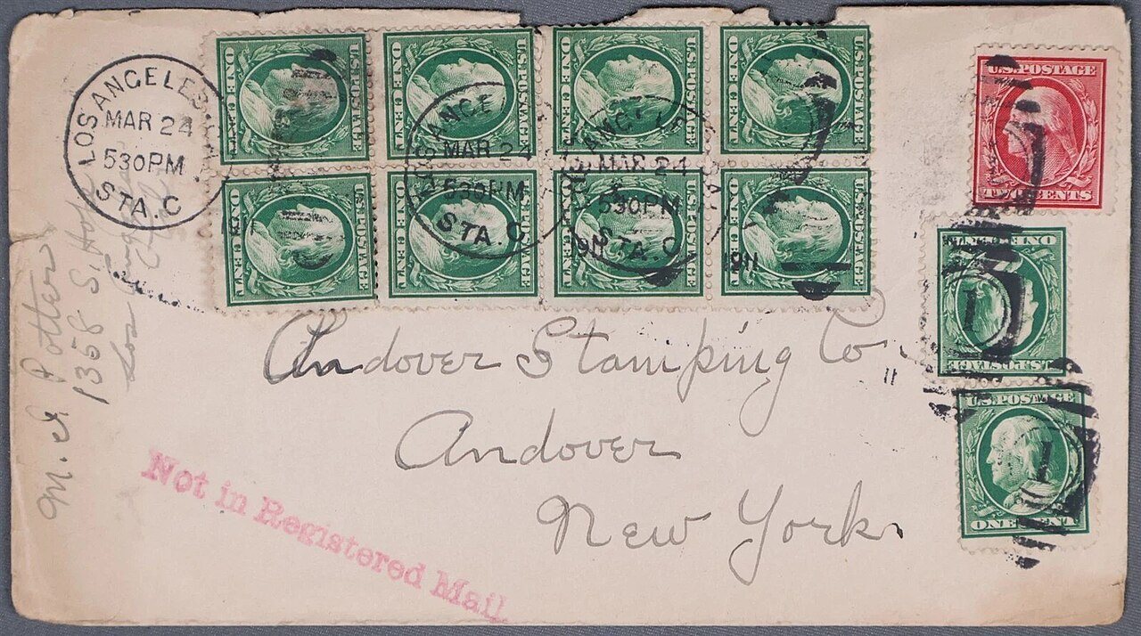 US 1911 Los Angeles CA to Andover NY Not In Registered Mail Cover