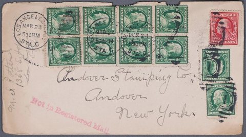 US 1911 Los Angeles CA to Andover NY Not In Registered Mail Cover