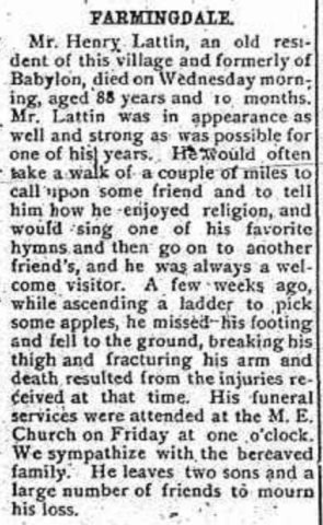 Henry K. Lattin (1806-1894) obituary from November 22, 1894
