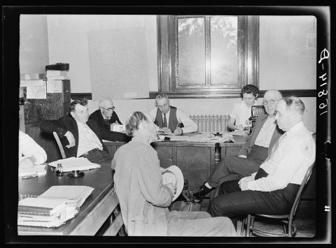 Farm Debt Adjustment Committee meeting with farmer who has appealed for assistance. He has been threatened with foreclo…