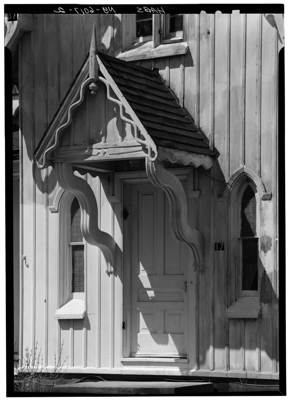 MAIN ELEAVTION, DETAIL OF HOOD OVER ENTRANCE - Timothy Copp House, Church, Joy, East and Okerlund Streets, Sinclairvill…