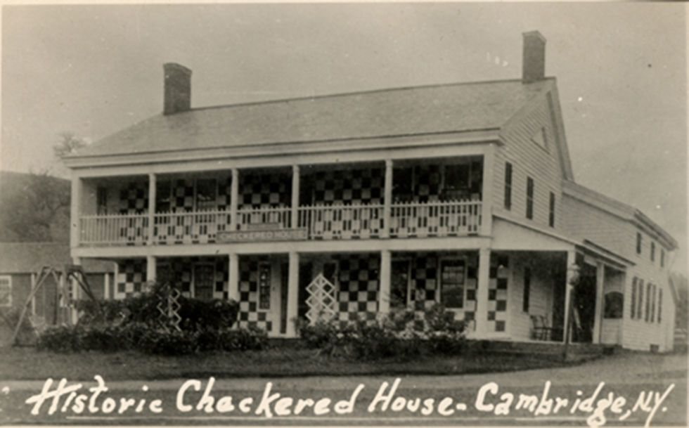 Postcard of Historic Checkered House - Cambridge, NY, painted with checkers in 1853 and burned 7 February 1907
