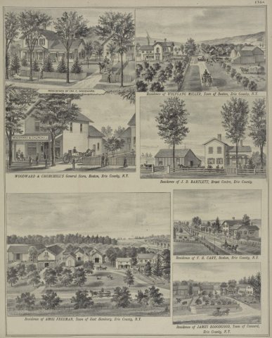 Residence of Ira C. Woodward.; Woodward and Churchill's General Store, Boston, Erie County, N.Y.; Residence of Amos Fre…