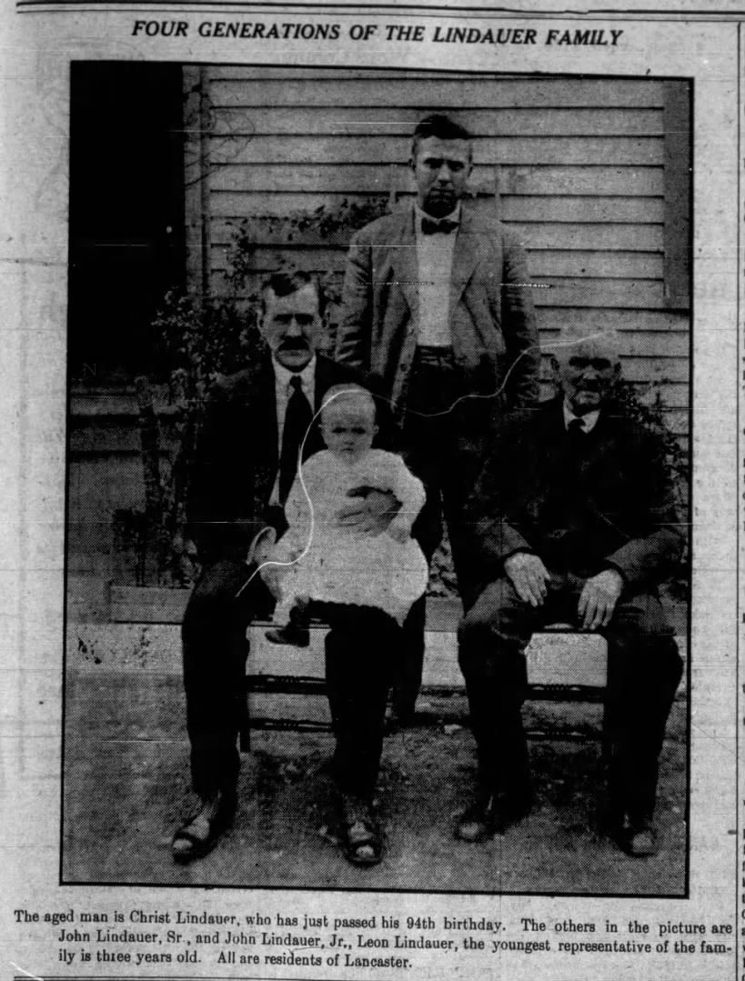 Christian Freiderich Lindauer (1821-1916) in the Lancaster Enterprise of Lancaster, New York on May 20, 1915