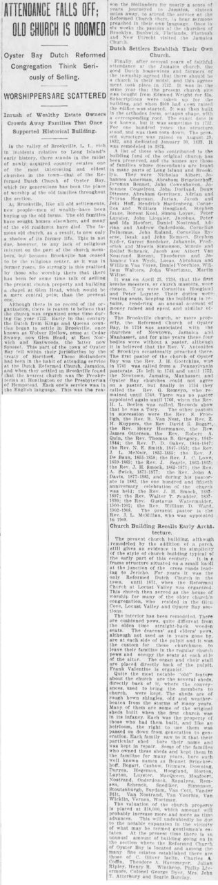 Attendance Falls Off, Old Church Is Doomed in the Brooklyn Eagle of Brooklyn, New York on May 14, 1911
