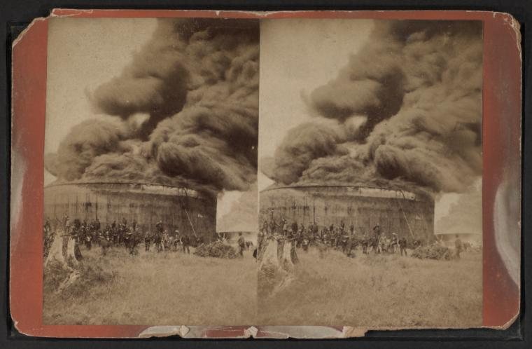 Burning oil tanks at Olean.Alternate Title: Stereoscopic views of the oil country