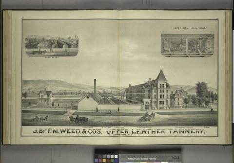 Bark piles; Interior of beam house; J.B. and F.M. Weed and Co's Upper Leather Tannery, Binghamton, N.Y
