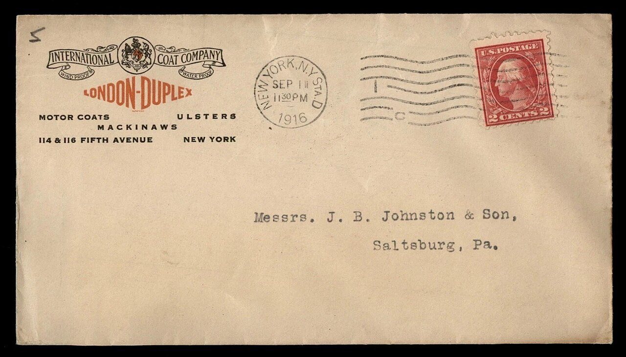 US 1916 New York International Coat Company New York to Saltsburg Cover front