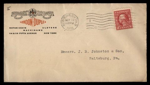 US 1916 New York International Coat Company New York to Saltsburg Cover front