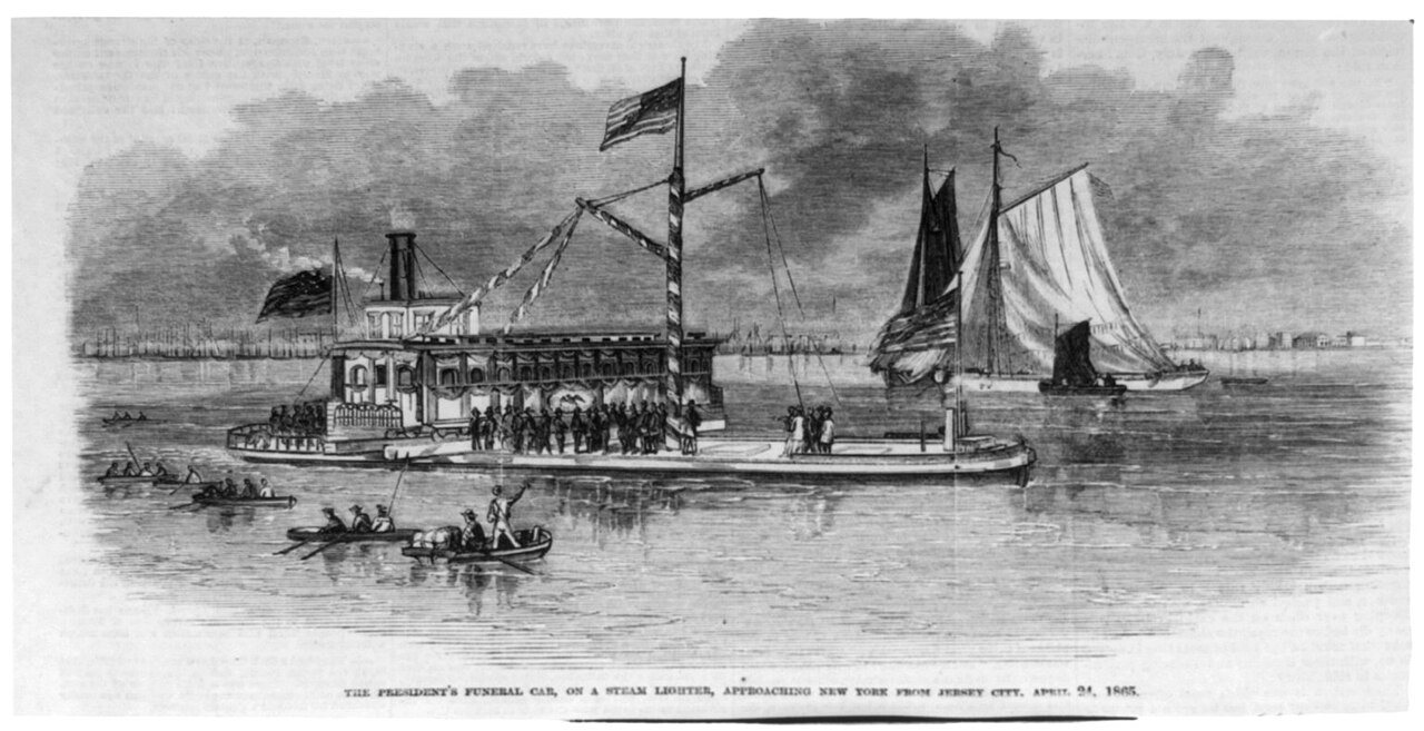 The President's funeral car, on a steam lighter, approacing New York, from Jersey City April 24, 1865